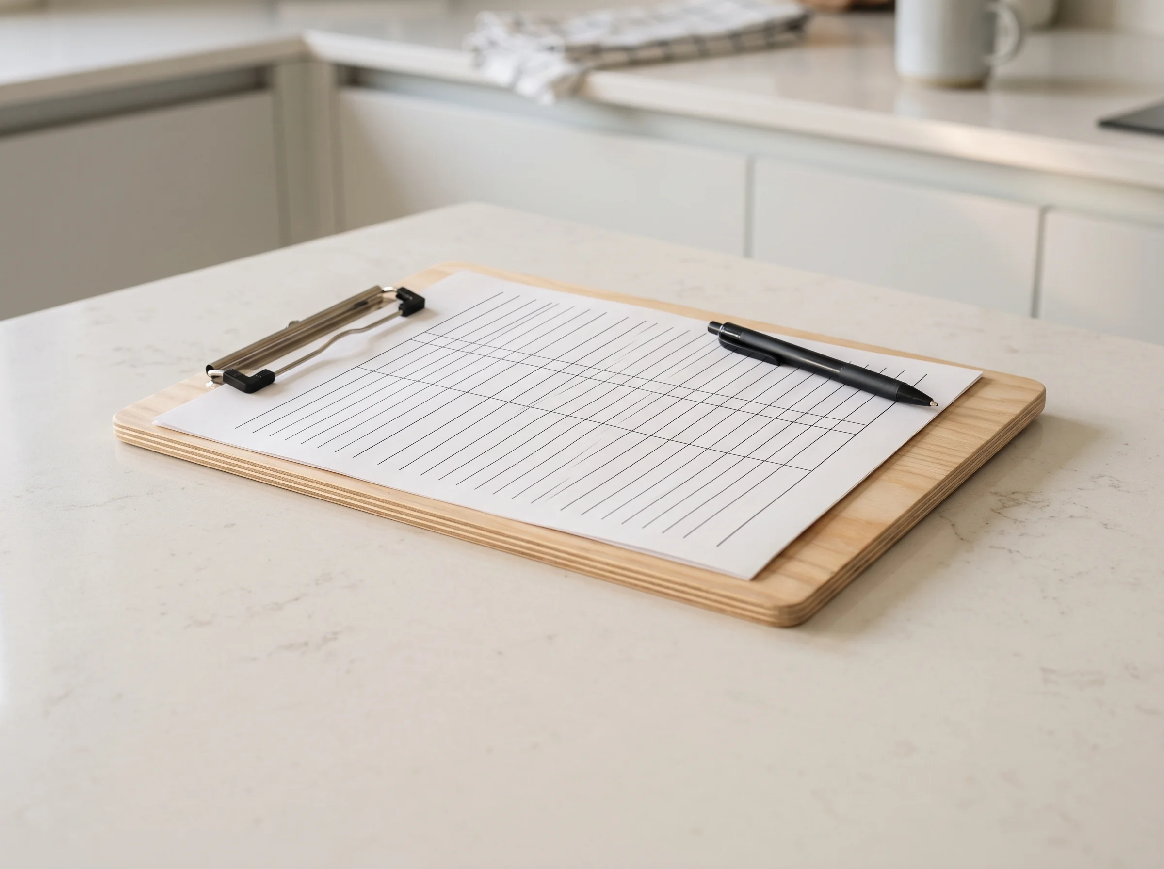 A wooden clipboard with a blank ruled sheet and a black pen on a white kitchen countertop.