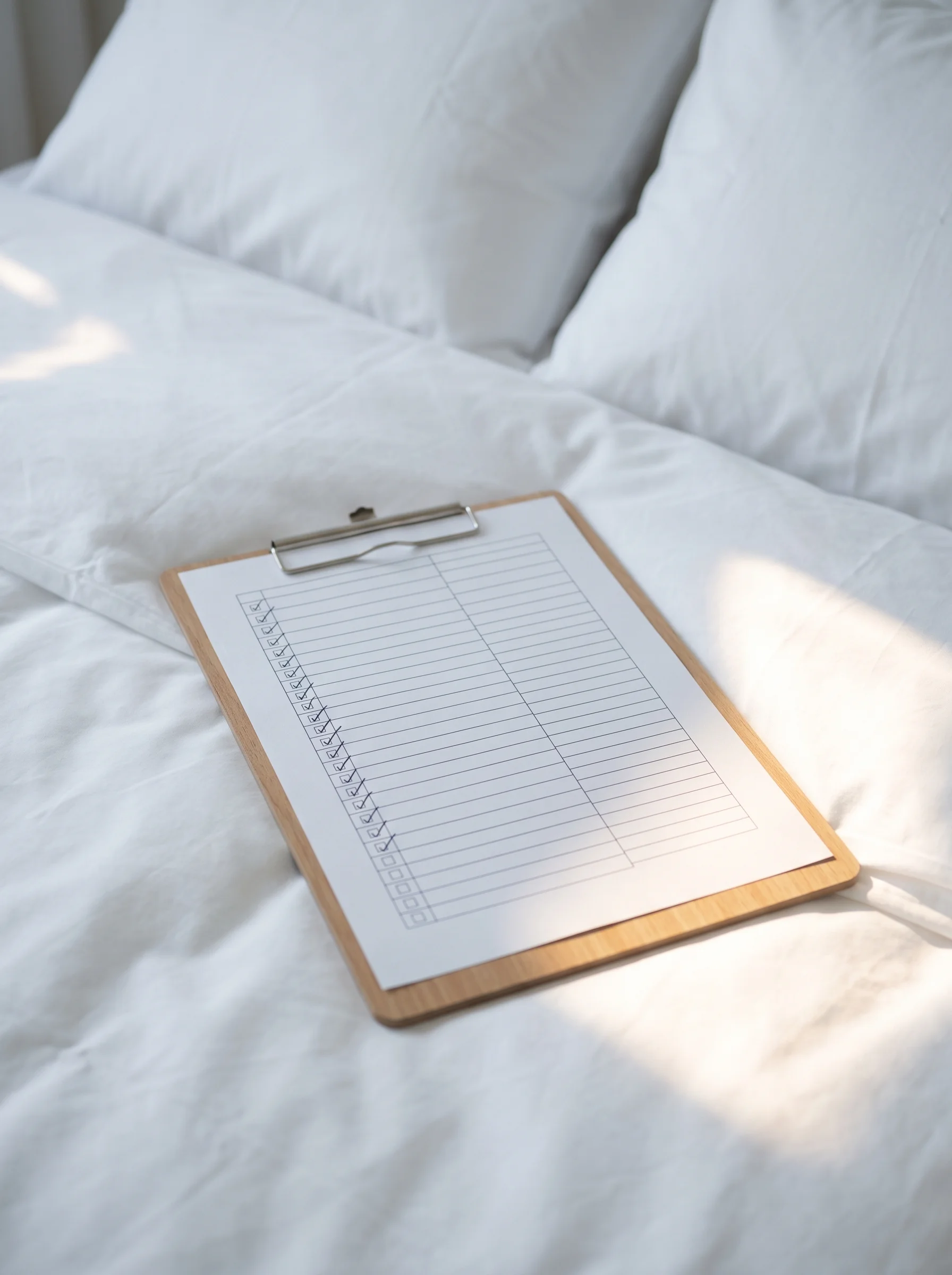 Printed 62-point checklist on a clipboard with mint ticks, resting on a freshly made bed