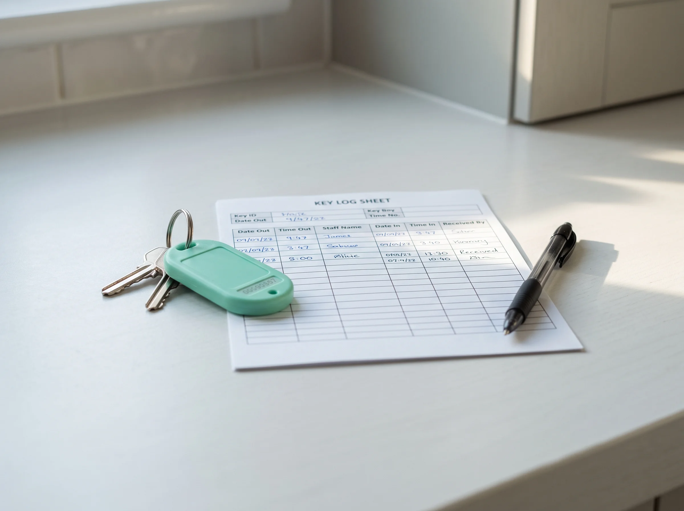 Mint-green coded key fob resting on a clean worktop beside a signed key-log sheet